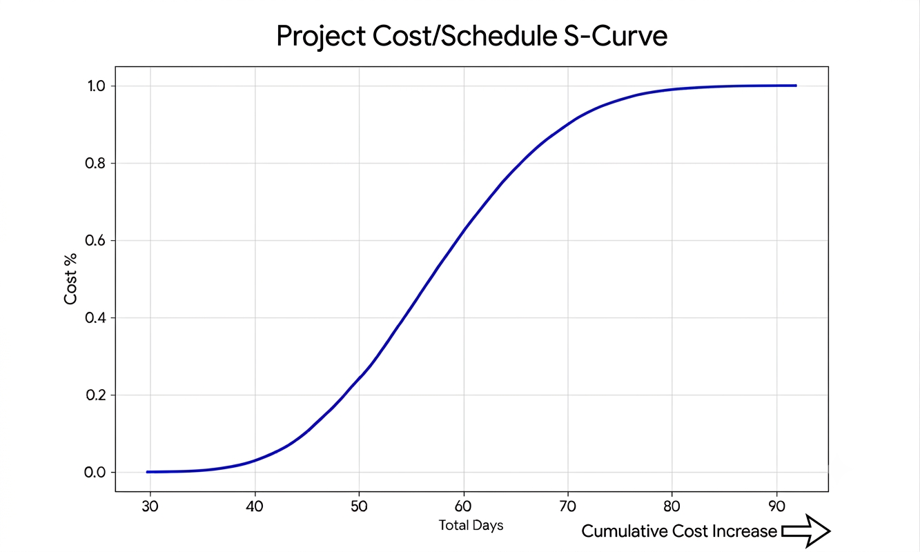 S-curve diagram showing how project spending starts slowly, accelerates during execution, and tapers at close — the typical shape of time-phased project expenditure
